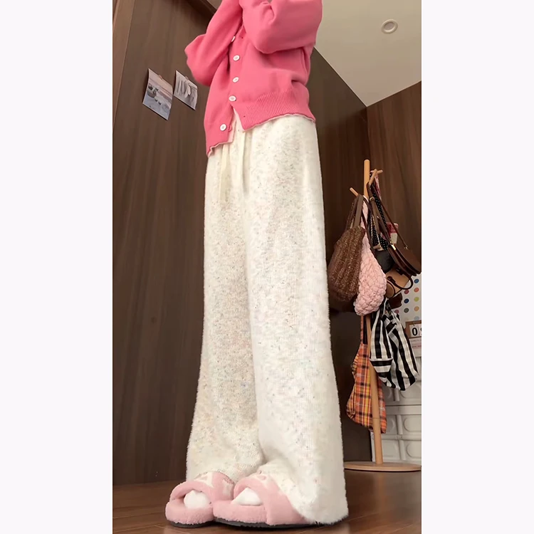 Pantalones de pierna recta de terciopelo de punto arcoíris de cintura alta coreanos Sle Otoño Invierno pantalones casuales adelgazantes para mujeres