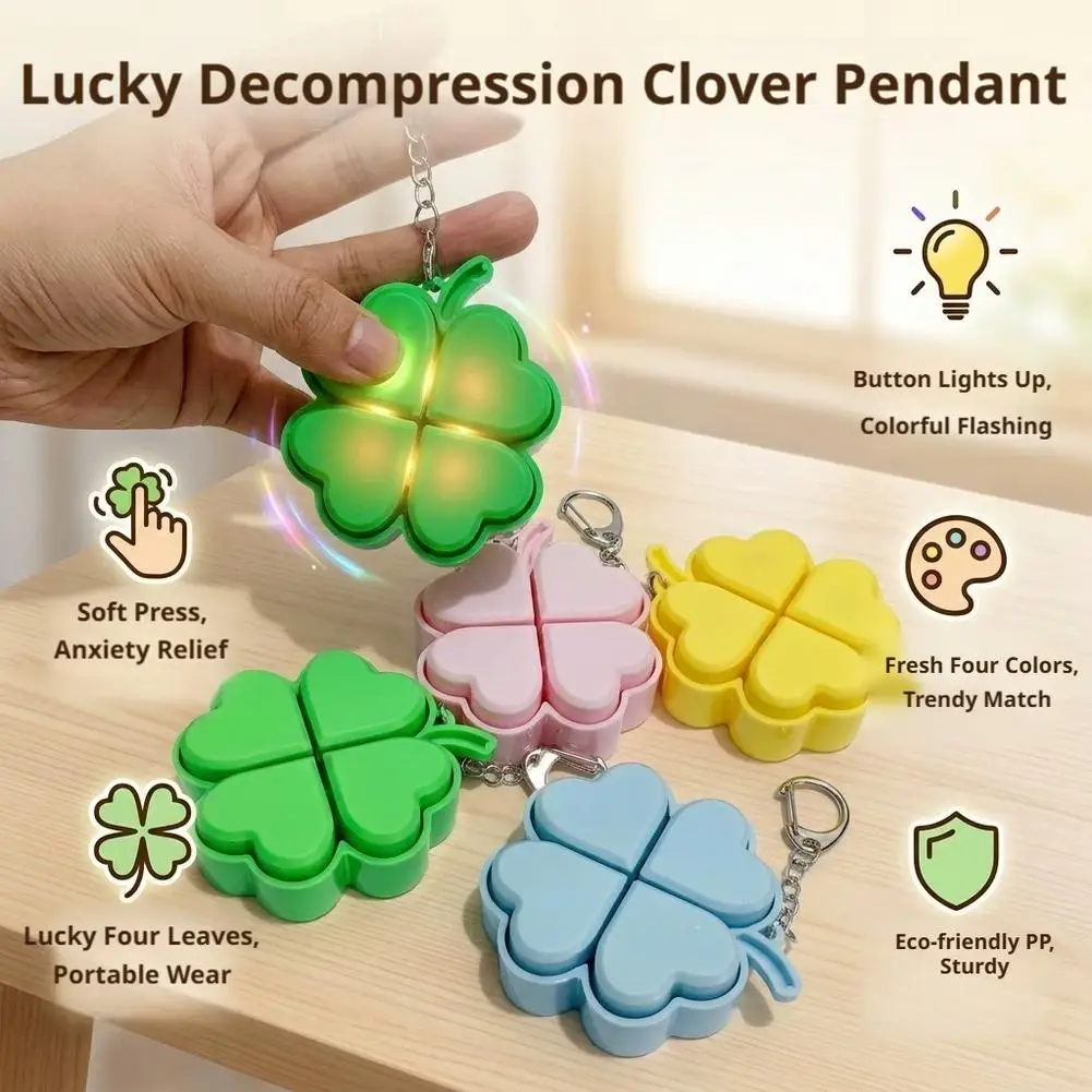Lucky Four-Leaf Clover LED Light Up Keychain Clickable Buttons Stress Relief Toy Backpack Pendant Party Gift For Kids Adults