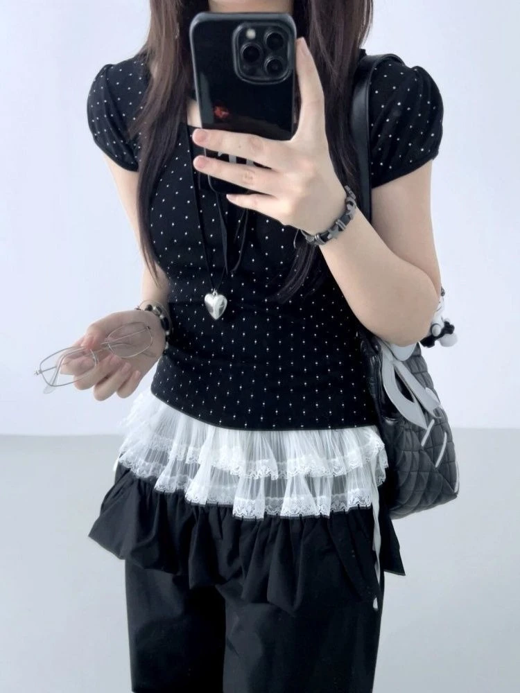 Kimotimo Polka Dot Lace Up Short Sleeve T-shirts Women Summer Slim Fit Versatile Crop Top Korean Chic Sweet Y2k Aesthetic Tees