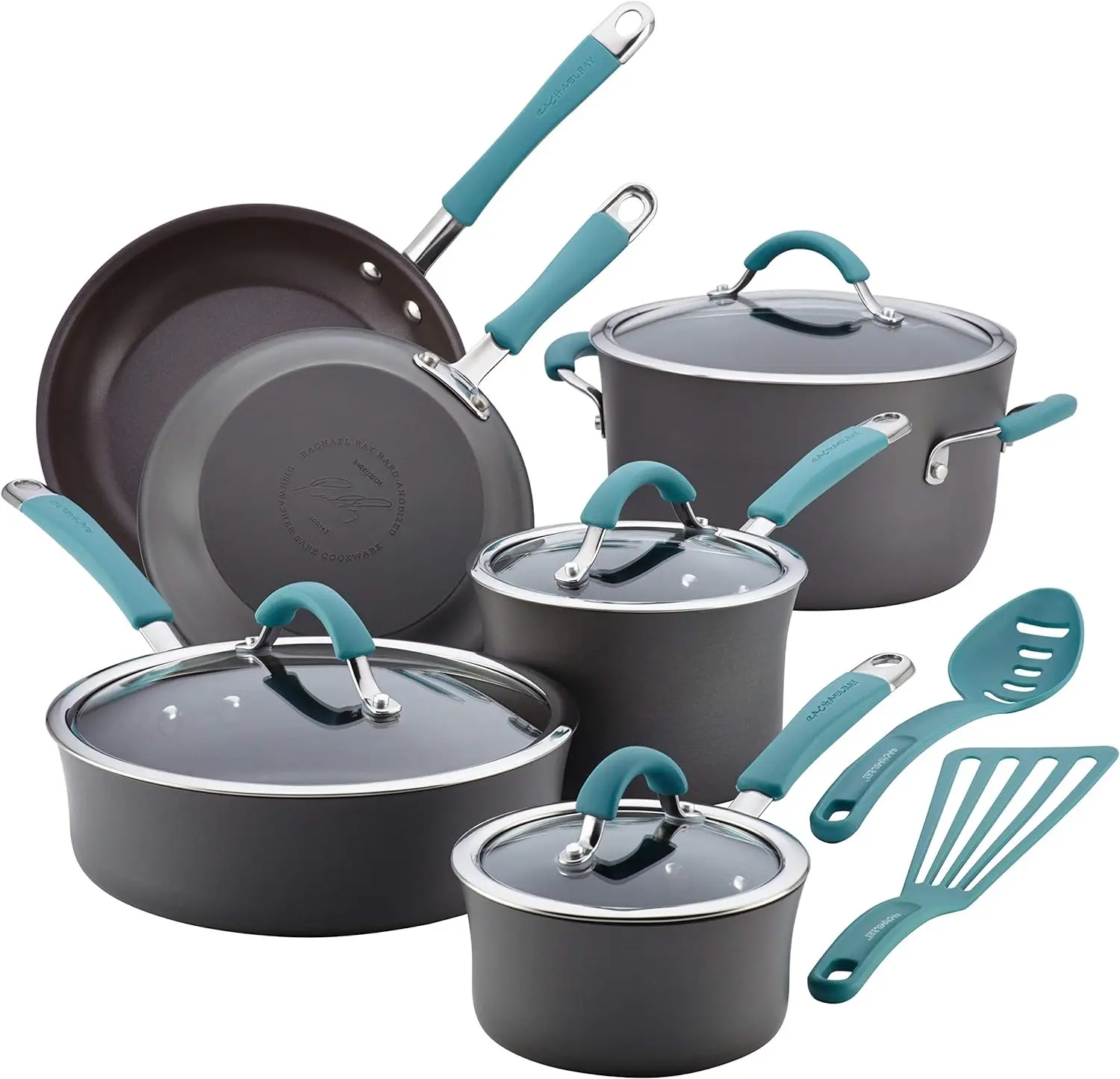 Cucina Hard Anodized Nonstick Cookware Pots and Pans Set, 12 Piece, Gray with Blue Handles