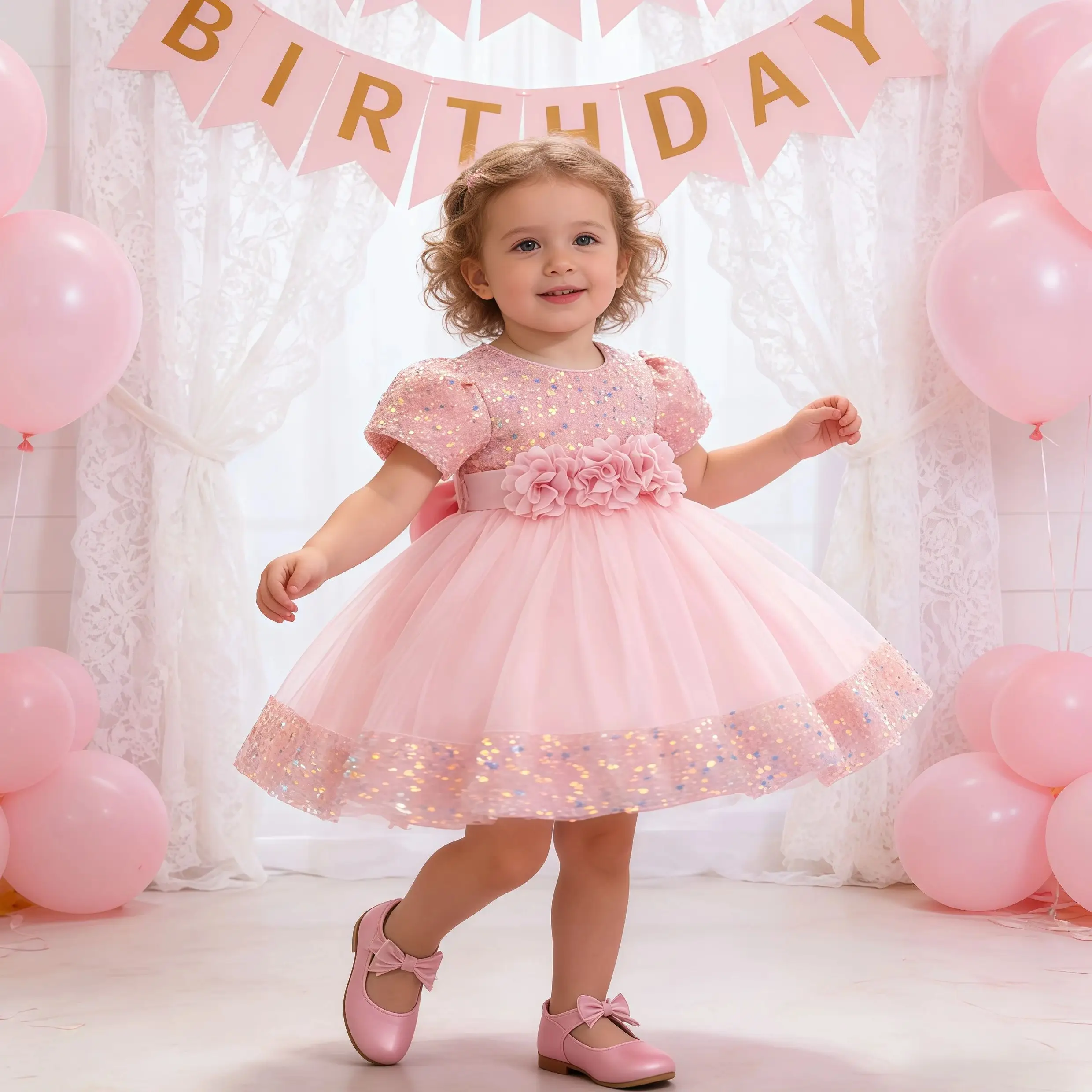 Infant Gown Kids Sequins Short Sleeve Flower Princess Dress For Baby Girls Wedding Baptism Birthday Party Christening Ball Gown
