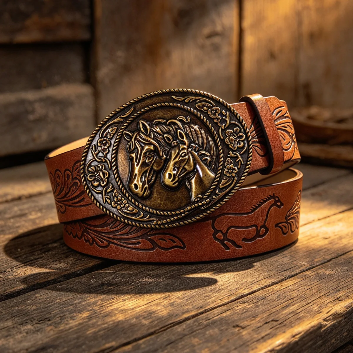Western Cowboy Designer PU Leather Belt for Men and Women Waist Strap Horse Decoration Floral Engraved for Jeans Trousers