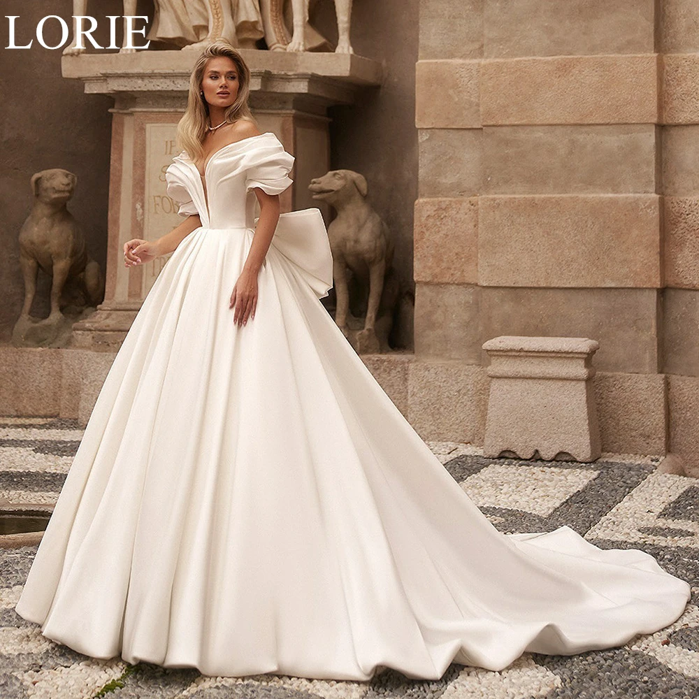 

LORIE Elegant Satin Wedding Dresses Off Shoulder Draped Deep V-Neck Lace-up Bow Wedding Prom Gown 2024 Graceful Bridal Gowns