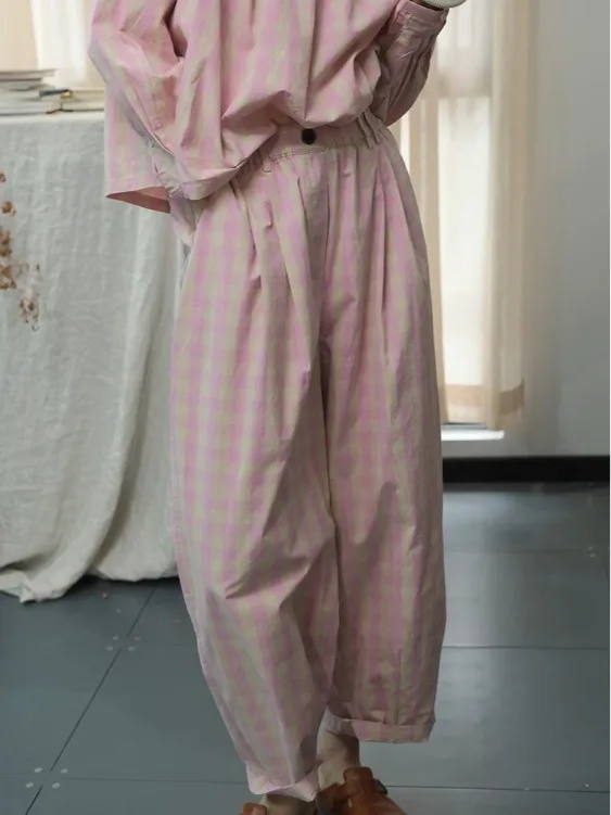 

Summer 2025 New Plaid Harlan Pants Large Size Women's Versatile Elastic Waist Slimming Casual Cotton Long Pants