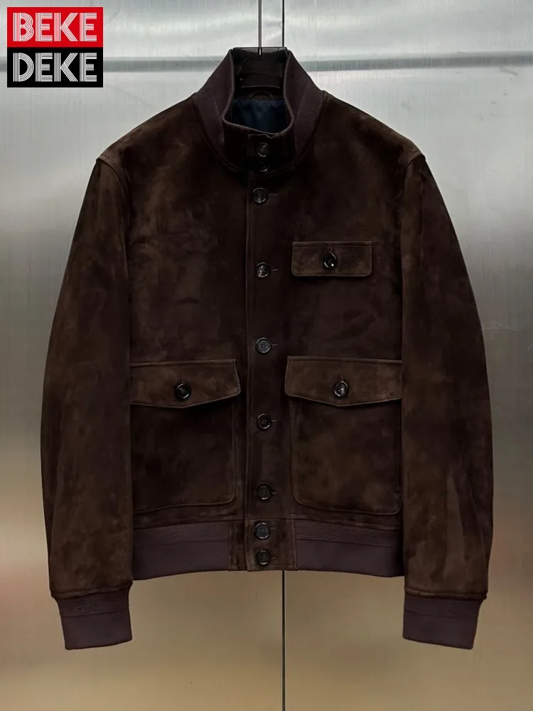 Luxury Mens Genuine Leather Coat Male Natural Sheep Suede Jacket Single Breasted Stand Collar Slim Autumn Windproof Outerwear