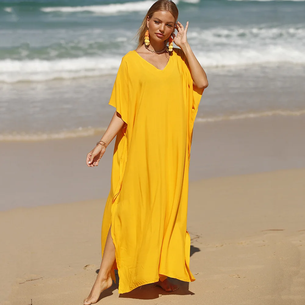 

Caftan Dresses for Women Solid Color Plus Size Beach Dress V Neck Cover Up Loose Soft Kaftan Loungewear