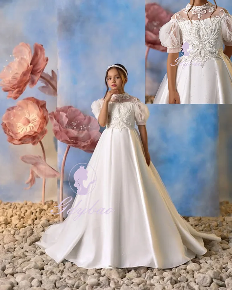 

Customized Flower Girl Dress For Wedding Shining Sequins Beaded Applique Puffy With Tail Elegant Birthday First Communion Gown