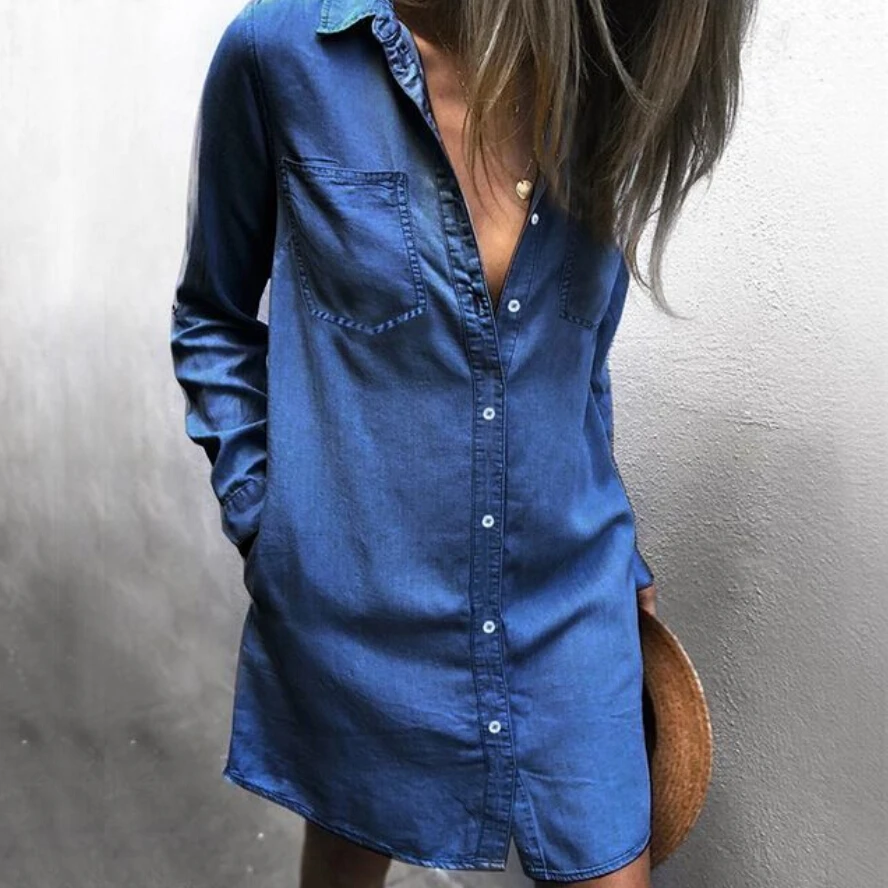 

Womens Blue Denim Shirt Long Sleeve Casual Loose Shirt Mini Jeans Dress Turn Down Casual Buttons Jean Dresses Summer Skirts