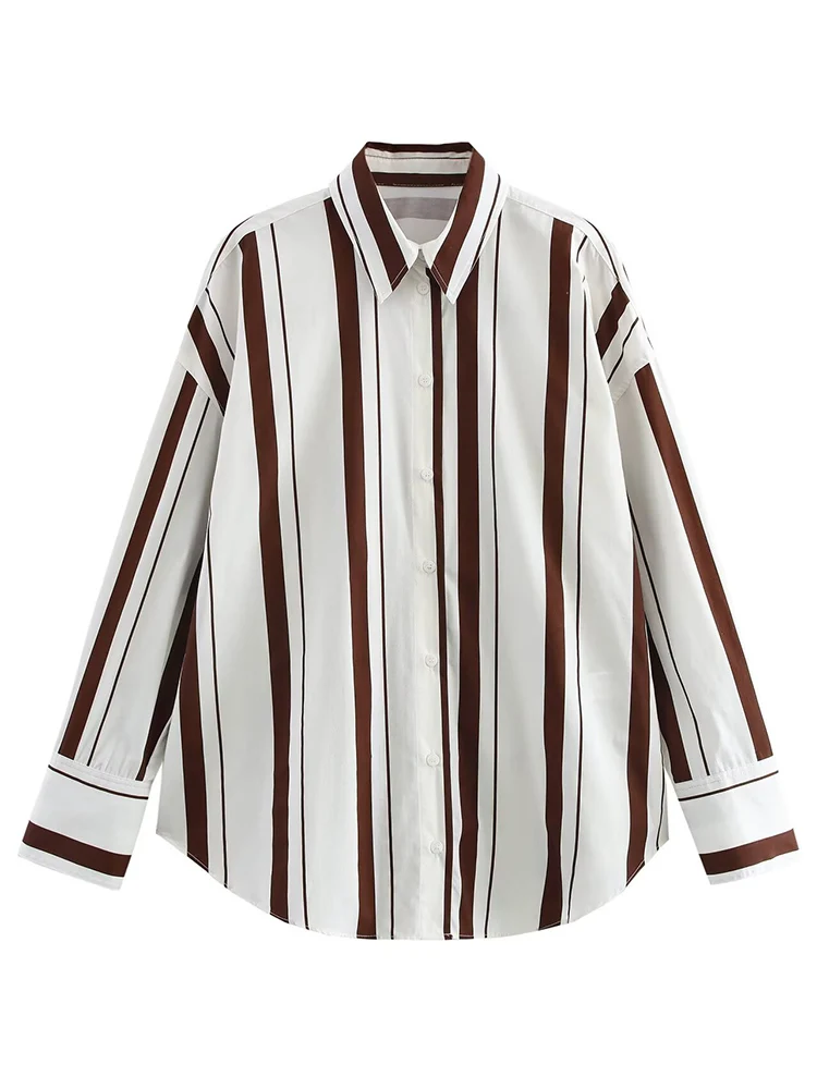 Mode printemps femmes chemises nouveau col rabattu rayé simple boutonnage simplicité loisirs ample à manches longues hauts