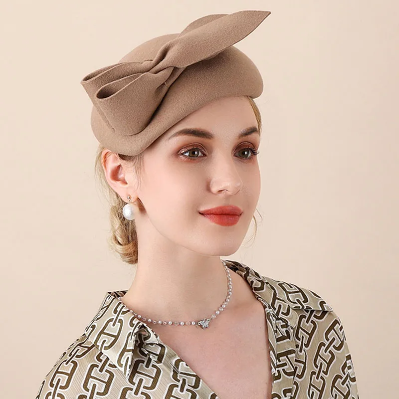 Kobiety Francuski styl Beret Wełniany Filcowy Kapelusz Kokarda Elegancki Kapelusz Fedora Zimowy Kapelusz Pillbox Eleganckie Kapelusze Ślubne Okazje Ślubne Kapelusz Kościelny