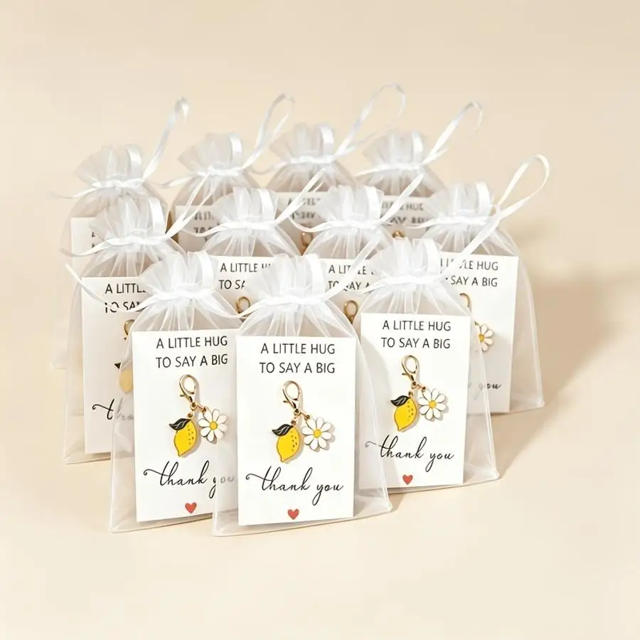 1/5/10/20/50/100pcs Items/11 Sets of Pear and Daisy Keychains for Party Favors with Organza Bags, Thank-You Tags, A Little Hug t