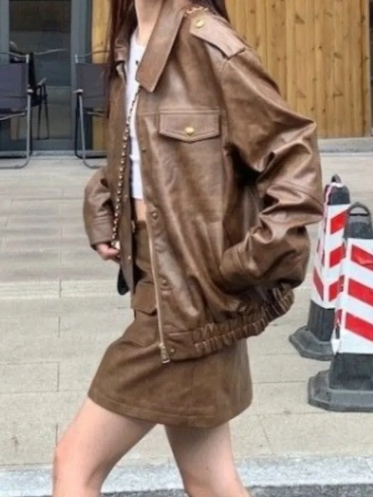 

Brown Vintage Moto Loose Leather Jacket Women 2025 Autumn Button Zipper Short Leather Coat Female Korean High Street Casual Coat