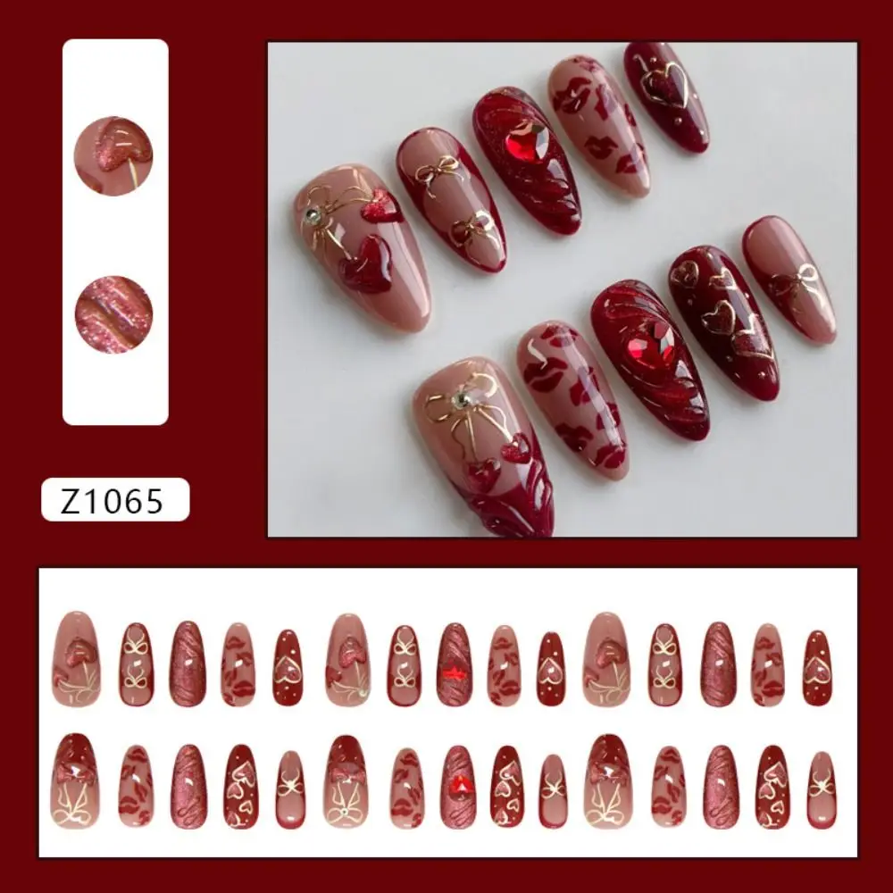 30pcs Long Almond False Nails French Cat Eye Gradient Butterfly Line Press on Nails Love Heart Cherry Sparkling Pearl Nail Tips