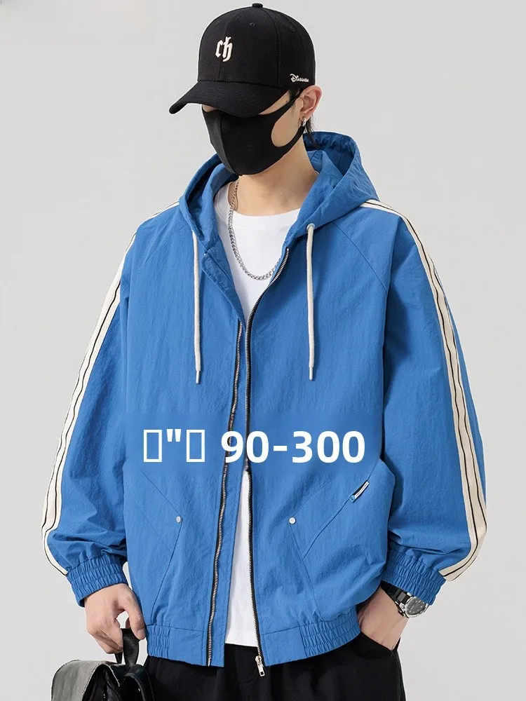 

plus Size Men's Casual Hooded Jaet Windproof Striped American Sle Workwear Top Faionable Urban Loose Fit Long Sve