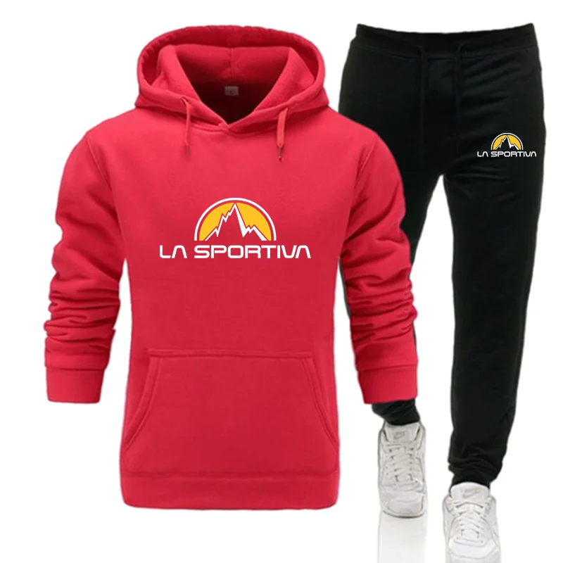 La Sportiva Men\'s Tracksuit Hooded Pullover + Sweatpants Sports Suit Casual Jogger Sportswear 2 Piece Male Fleece Streetwear Set