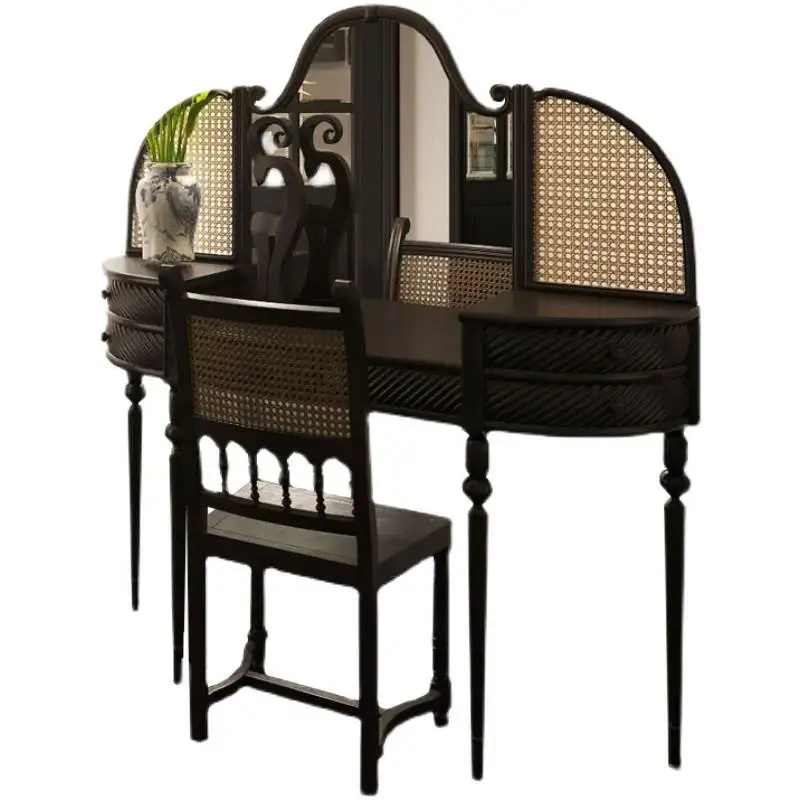 

American retro solid wood dressing table, French medieval black multi-functional dressing table