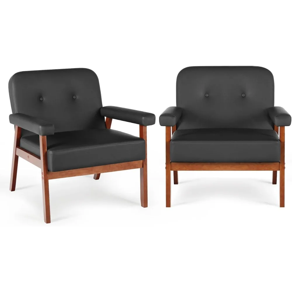 

Faux Leather Black Accent Chairs Set of 2 with Wood Arms,Comfy Reading Chair Small Spaces, Armchair Comfortable Chairs(2, Black)