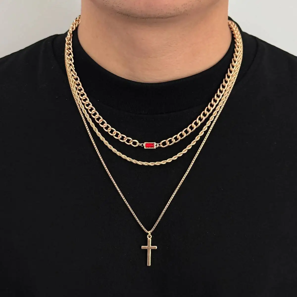 SHIXIN 3pcs/set Hip Hop Metal Jesus Cross Pendant Thin Snake Chain Necklace Men Punk Gold Color Cuban Link Chain Choker Jewelry