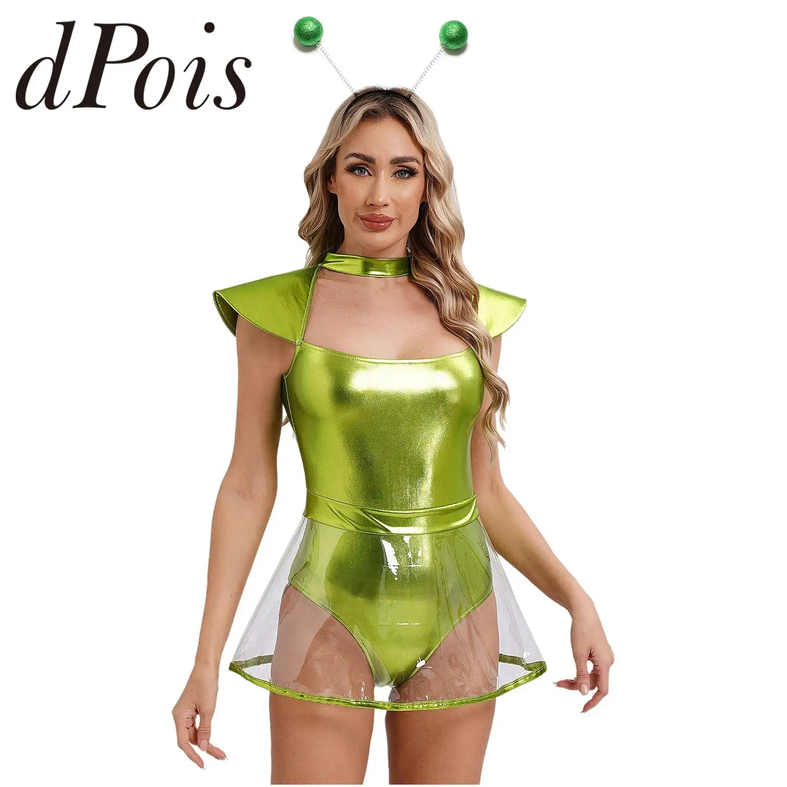 

Women Cosplay Space Astronaut Bodysuit Alien Costumes Briefs Jumpsuit with Skirt Hair Hoop Theme Party Performance Outfit