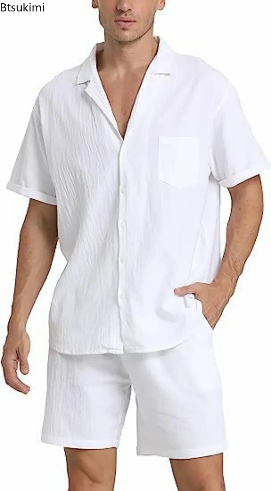 Men's Summer Cotton Linen Shirt Sets Outdoor Casual Sport Short Sleeve Shirt+Shorts 2 Piece Sets Men Comfy Breathable Beach Suit