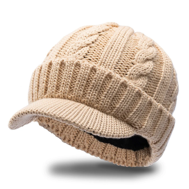 

New Big Size Knitted Hat With Visor for Men Beanie Lined Winter Cap Women Warm Big Head