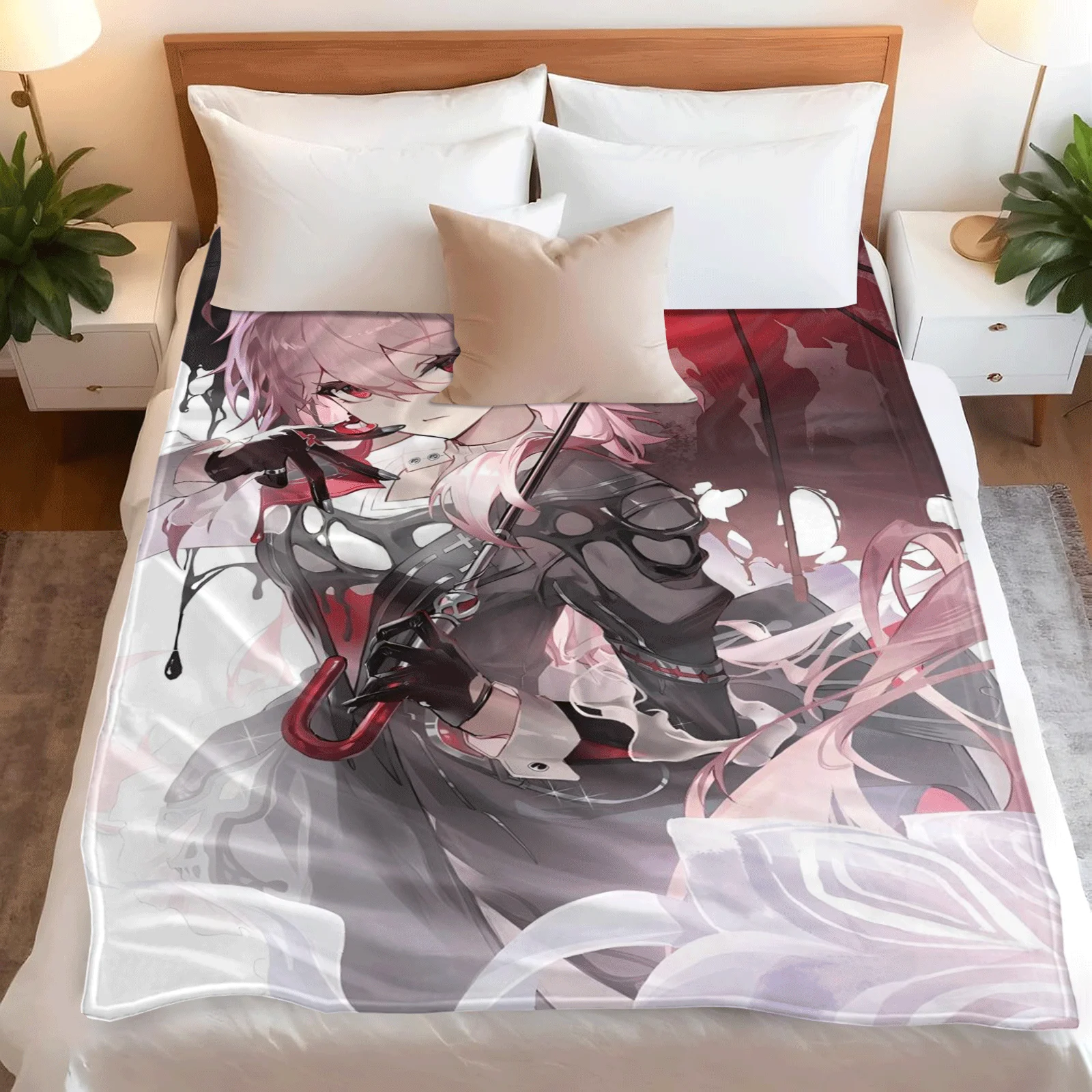 Anime Flannel Throw Blanket Evernight Pink Long Hair Red Eyes Black Floral Hair Clip Red Umbrella Dark Outfit Warm Sofa Bedding