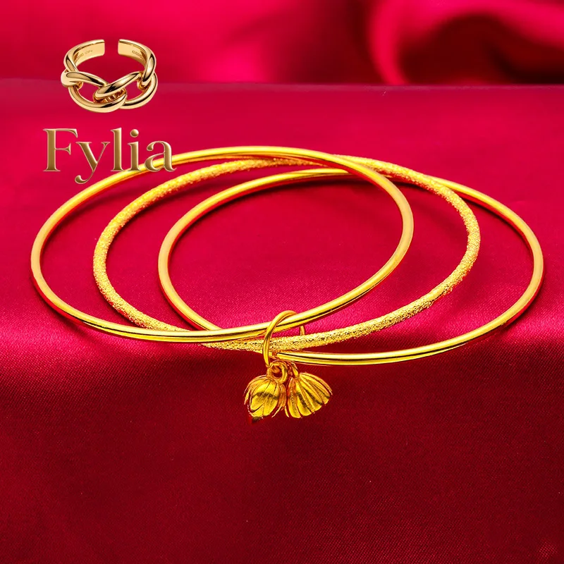 Fylia Jewelry   Lotus Pod Bracelet for Women, 24K Gold, AU999 | Polished 3D lotus pod with rotating seeds, auspicious zen charm