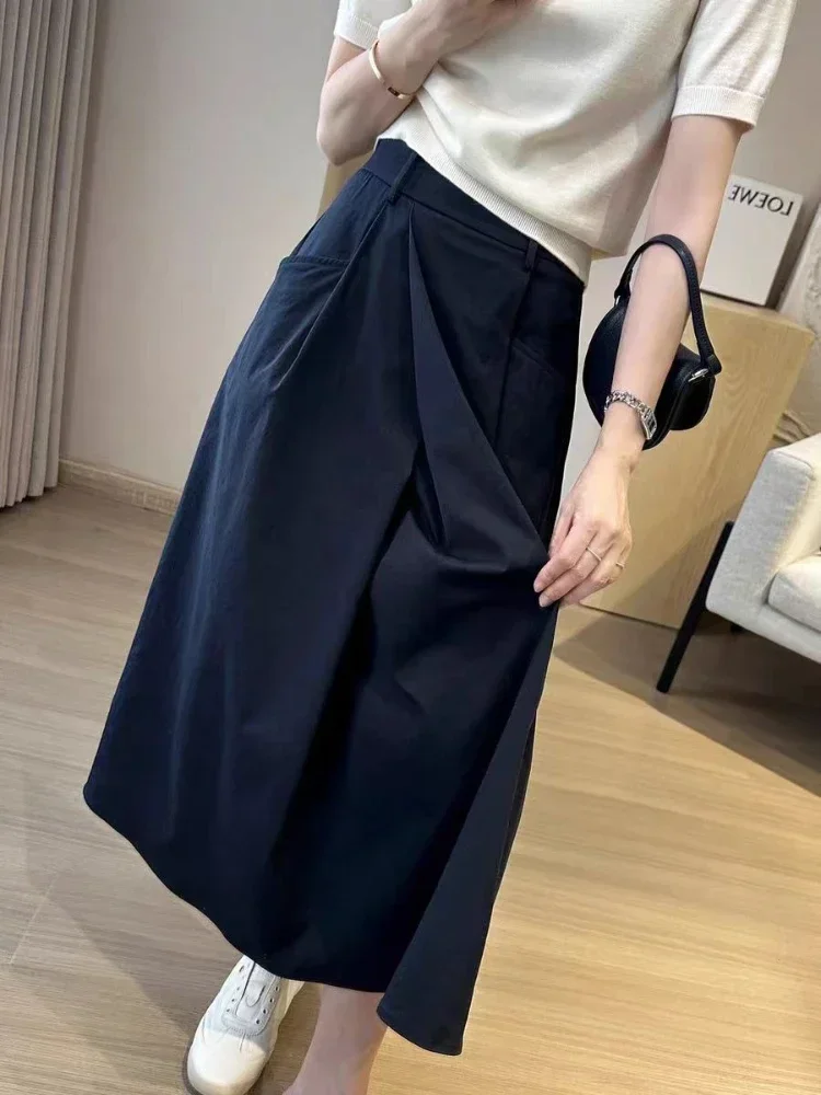 2026 Summer Leisure A- Line Chinese Origin Simple Plus Size Mid Length Skirt Solid Big Size Half Skirt for Women with Pocket image 2