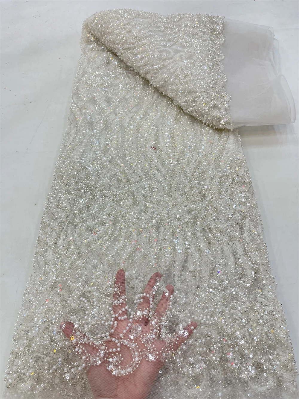 African Groom Sequins Lace Fabric High Quality 2023 Heavy Beads Embroidery French Tulle Lace Nigerian Wedding Sewing QF0432