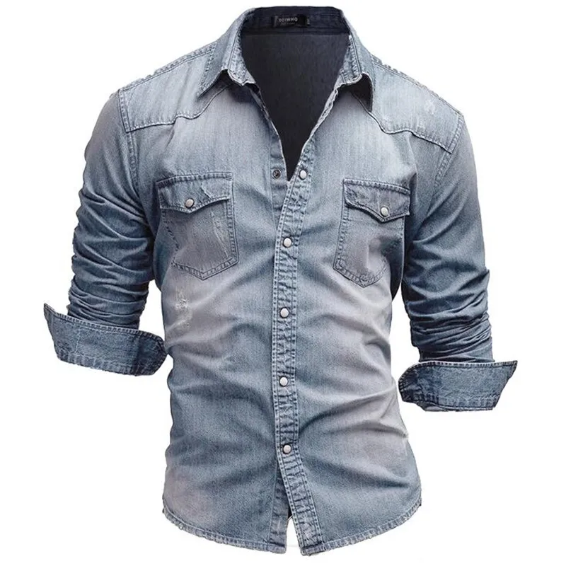 Fashion 2023 Autumn Men Denim Tshirt Mens Long Sleeve Soft Cotton Slim Jeans T-Shirts Male Cowboy Tops Tees