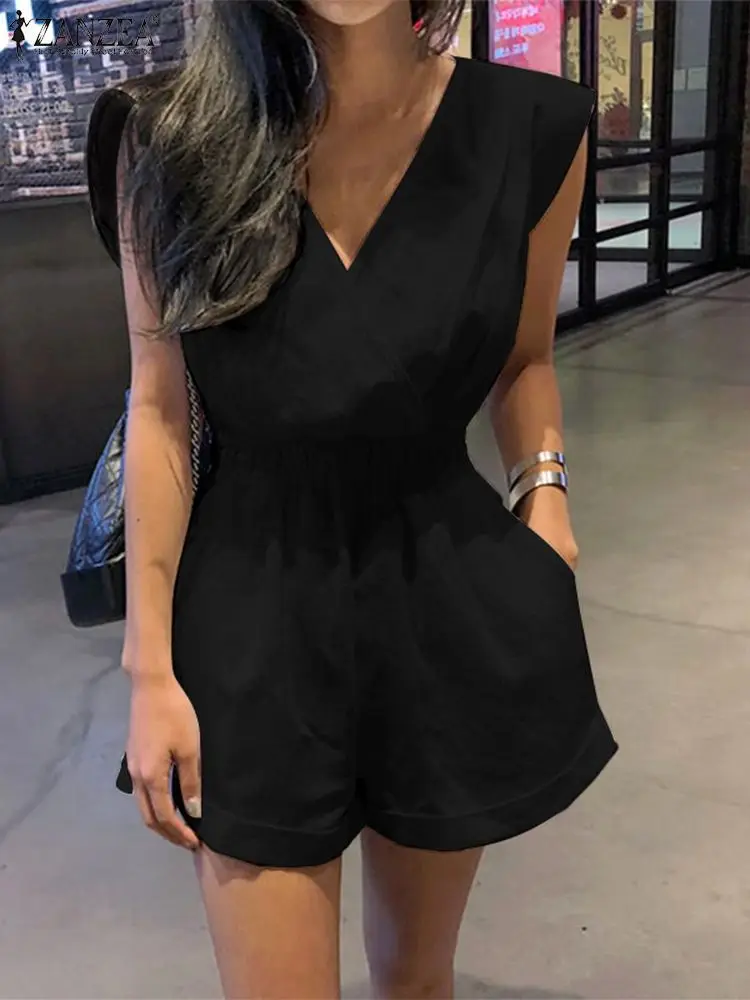 

Women V Neck Sleeveless Jumpsuits Casual Elastic Waist Solid Overalls Female Loose Playsuits 2023 ZANZEA Fashion Summer Rompers