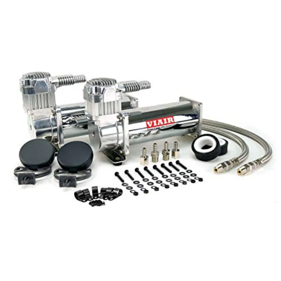 

Air suspension dual air compressor kit for vehicles, chrome-finished metal, 12V continuous duty, 200 PSI max pressure, includes
