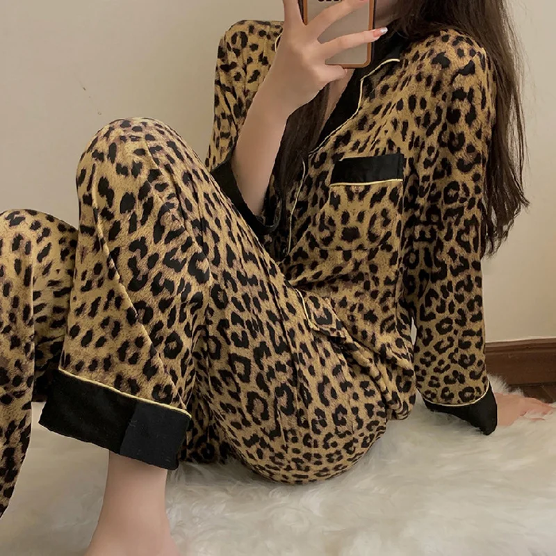 Women\'s Spring And Autumn Pajamas Two-Piece Set Of Women Loose Fashion Leopard Print Long-Sleeved Ladies Upscale Homewear Suit