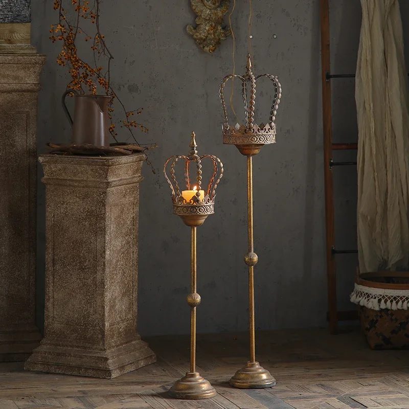 Vintage Crown Floor Candle Holder Set, Tall Iron Stand 83/107cm, Romantic Home & Wedding Decor, Gold Bronze