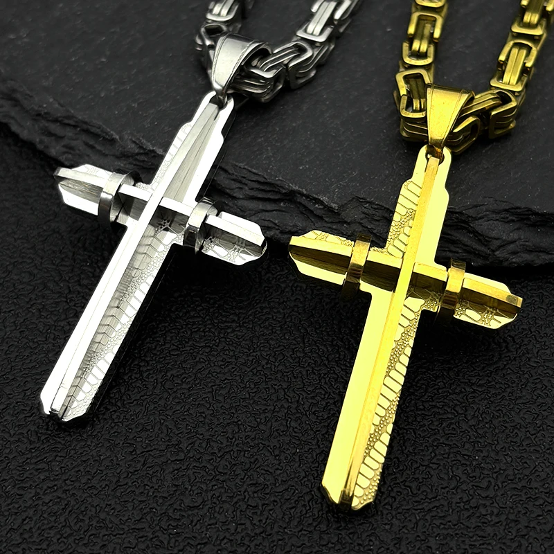 

Jesus Cross Male Crucifix Hip Hop Necklace for Men Stainless Steel Gold Plated Christian Punk Byzantine Chain Jewelry Gift