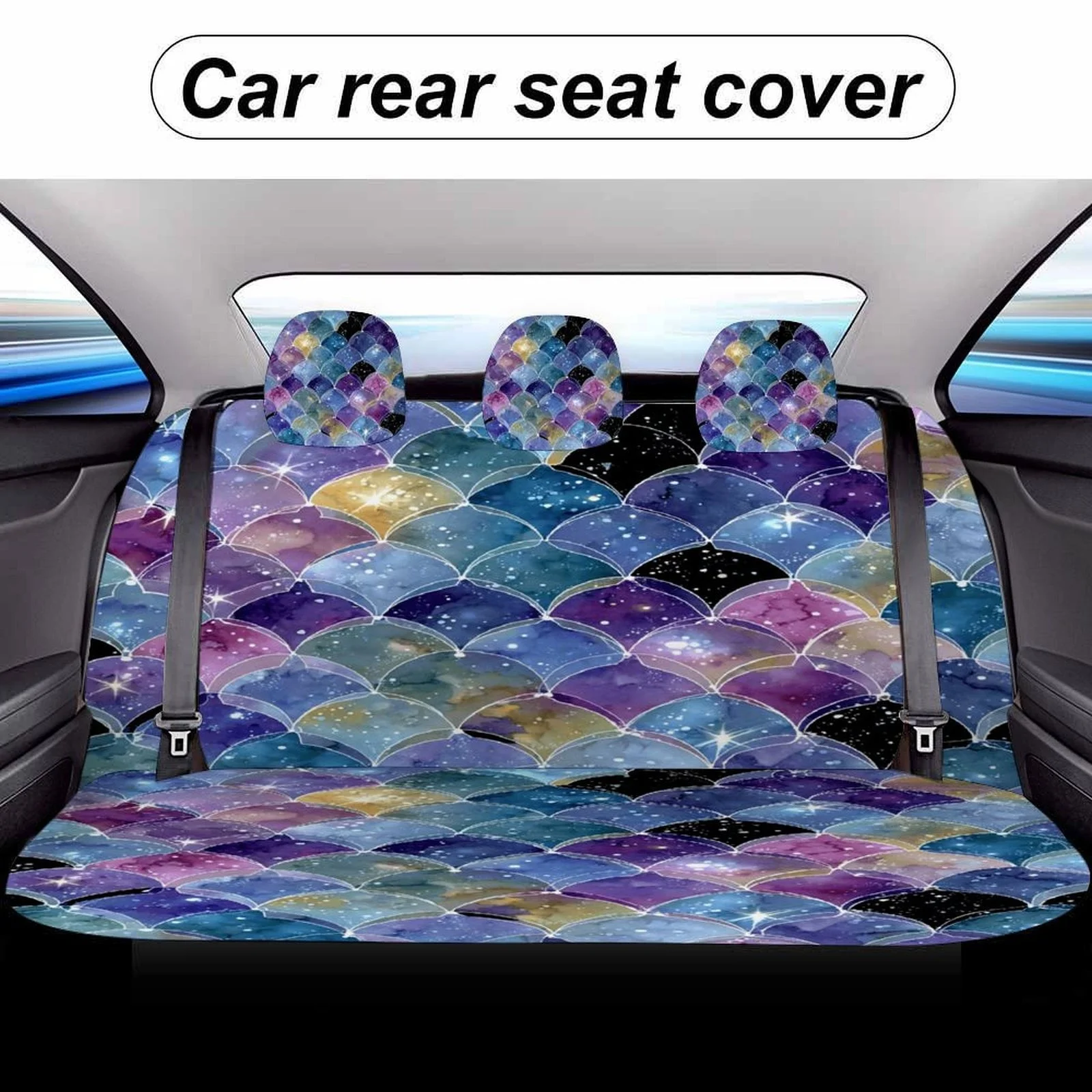 Set Of Car Seat Covers Featuring A Galaxy Theme With Mermaid Scales, Designed To Fit Most Vehicles. This Stylish And Unique Full