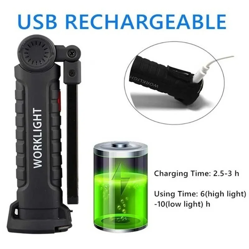 5 Mode Torch USB Rechargeable Work COB Flashlight Built-in Battery 360 Zoom Multi Function Folding LED Lamp Camping Light