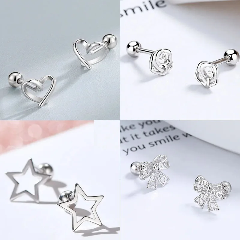 Silver Color Simple Small Rose Star Stud Earrings Tragus Cartilage for Women Hypoallergenic Daily Wear Ear Piercing Jewelry Gift