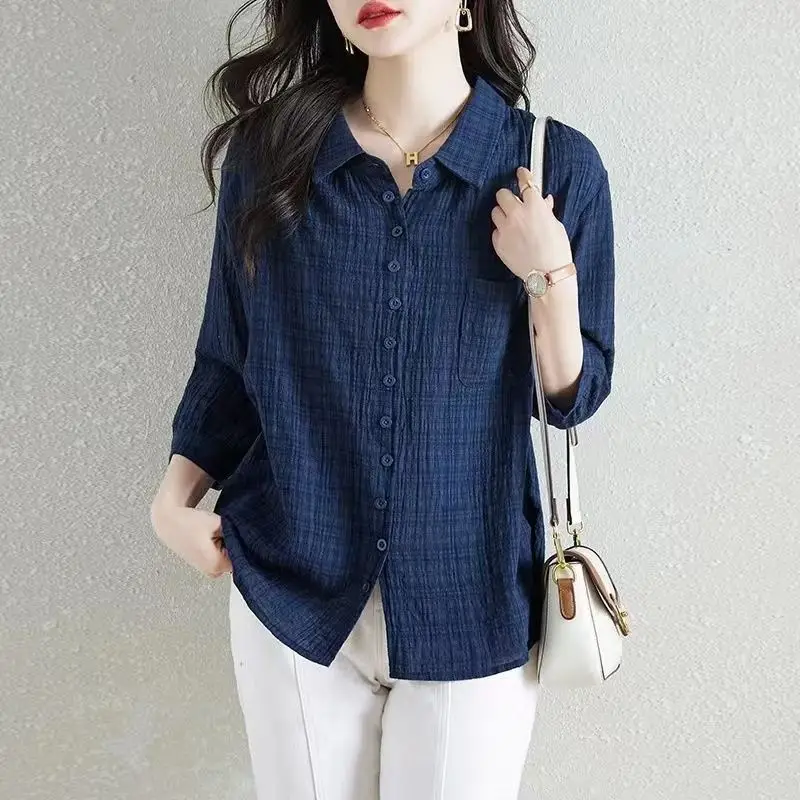 

2026 Solid Cotton Thin Pocket 3/4 Sleeve Shirt Women's Summer New Literary Single Breasted Fashion Office All-match Loose Top