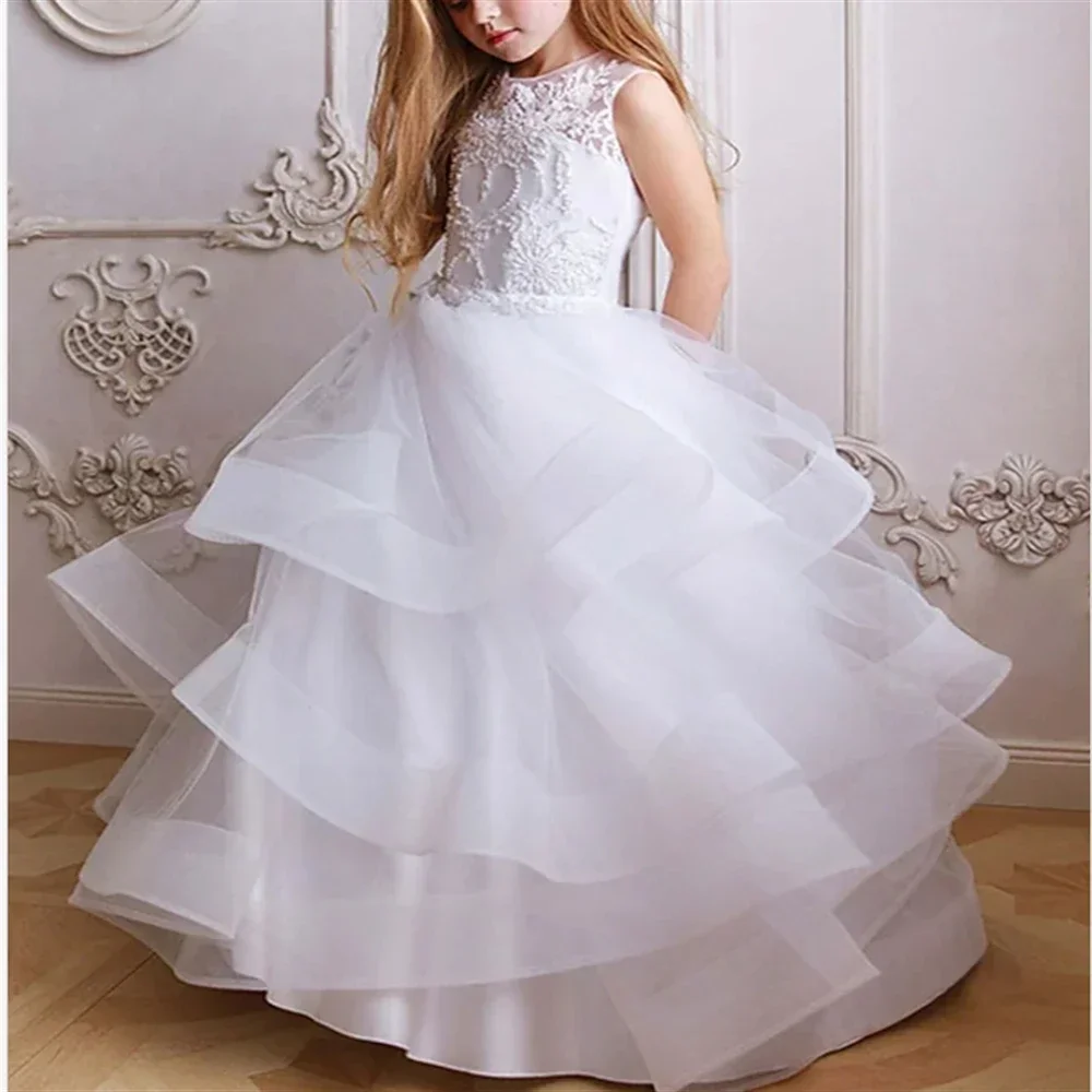 

White Flower Girl Dresses Sleeveless For Wedding First Communion Elegant Tulle Beading Appliques Party Dress Ball Gown