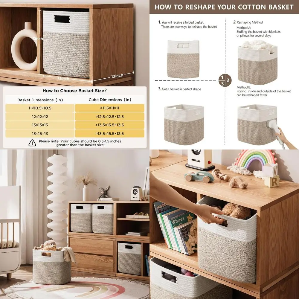 

Набор для хранения 4 куба — 13 x 13 x 13 лет, корзины из хлопчатобумажной веревки для полок, игрушек, книг, контейнеры для хранения с ручками, тканые корзины для или