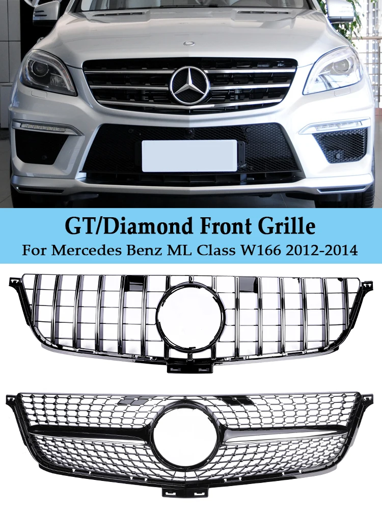 Front Bumper GT Diamond Style Grille For Mercedes Benz ML W166 Racing Grill 300 320 350 400 500 550 2012 2013 2014 Black Silver