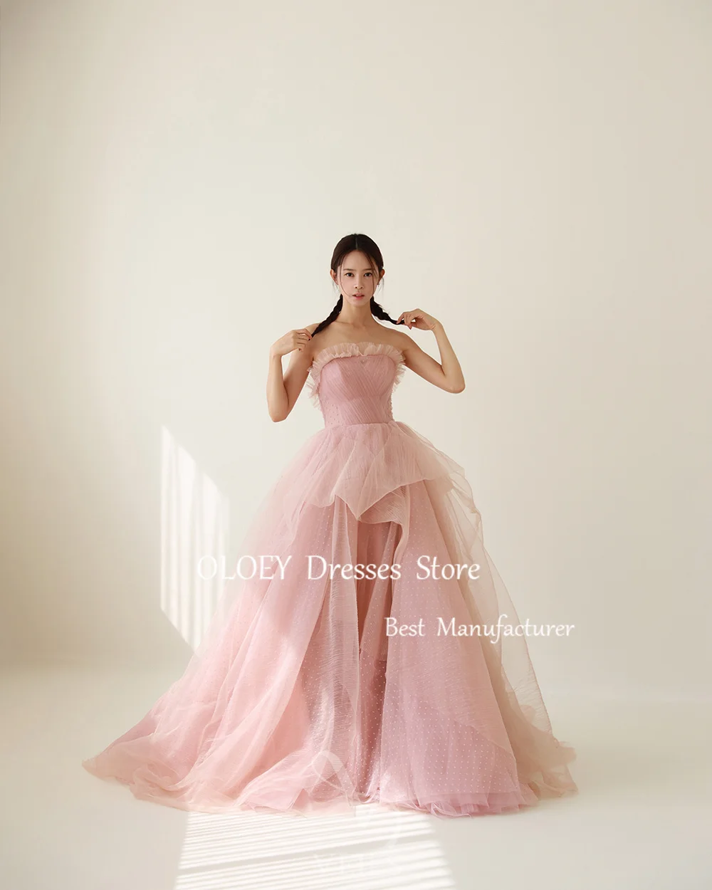 OLOEY Strapless Pink A Line Prom Dress Korea Wedding Photoshoot Sleeveless Long Party Dress Pleats Dots Tulle Custom Made