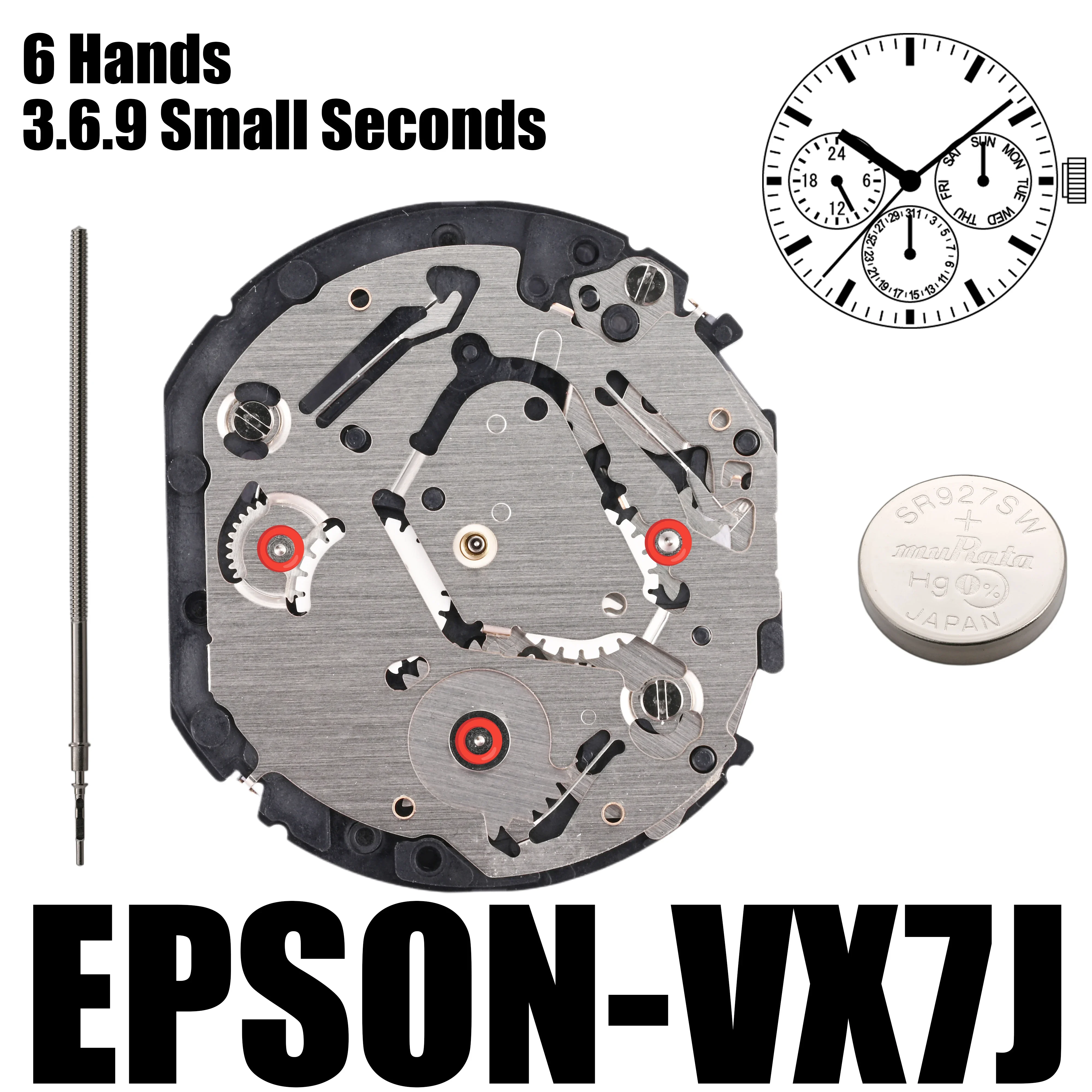 VX7J Movement Epson VX7JE Movement VX7 Series Quartz Movement  3.6.9 Small Seconds Size:12 3/4''' Six Hands Day / Date/24Hour