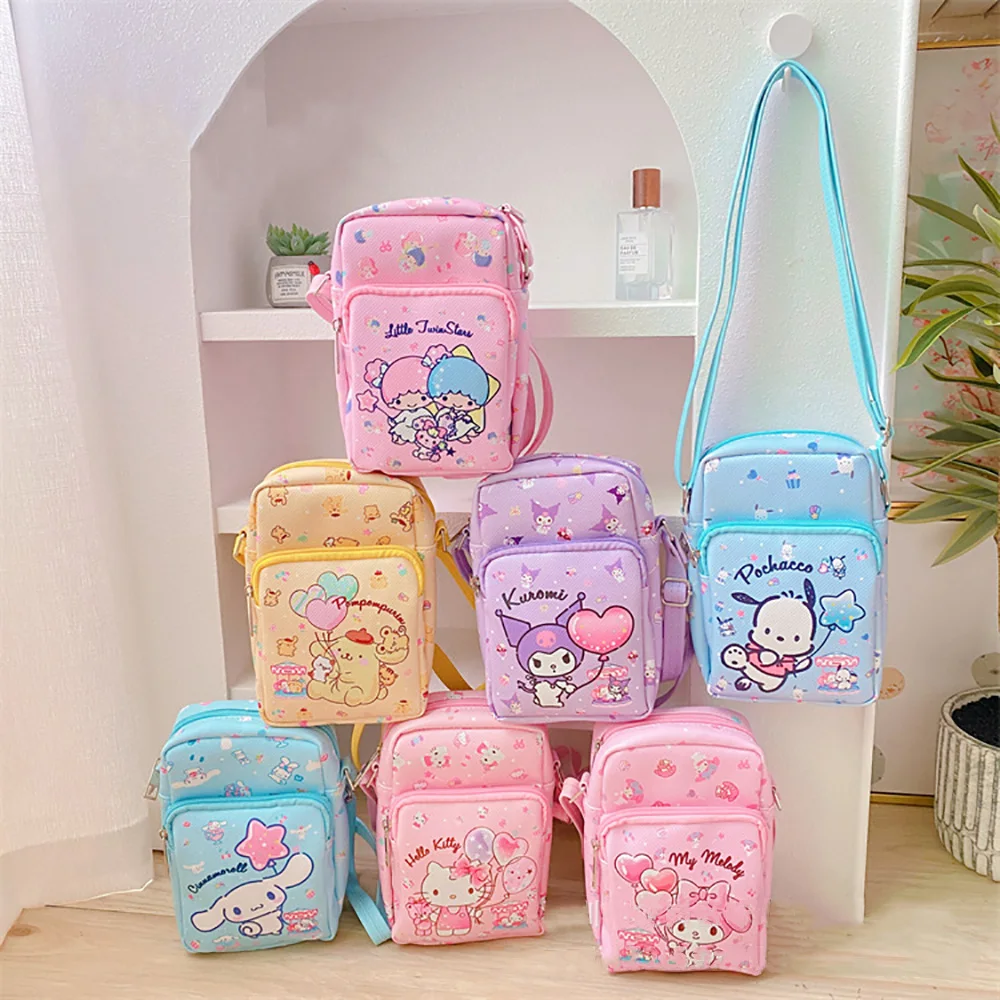 

Sanrio Anime PU Shoulder Bags Large Double-Layer Cartoon Tote Mobile Phone Storage Bags Key Coin Pouch Kawaii Satchel Backpacks