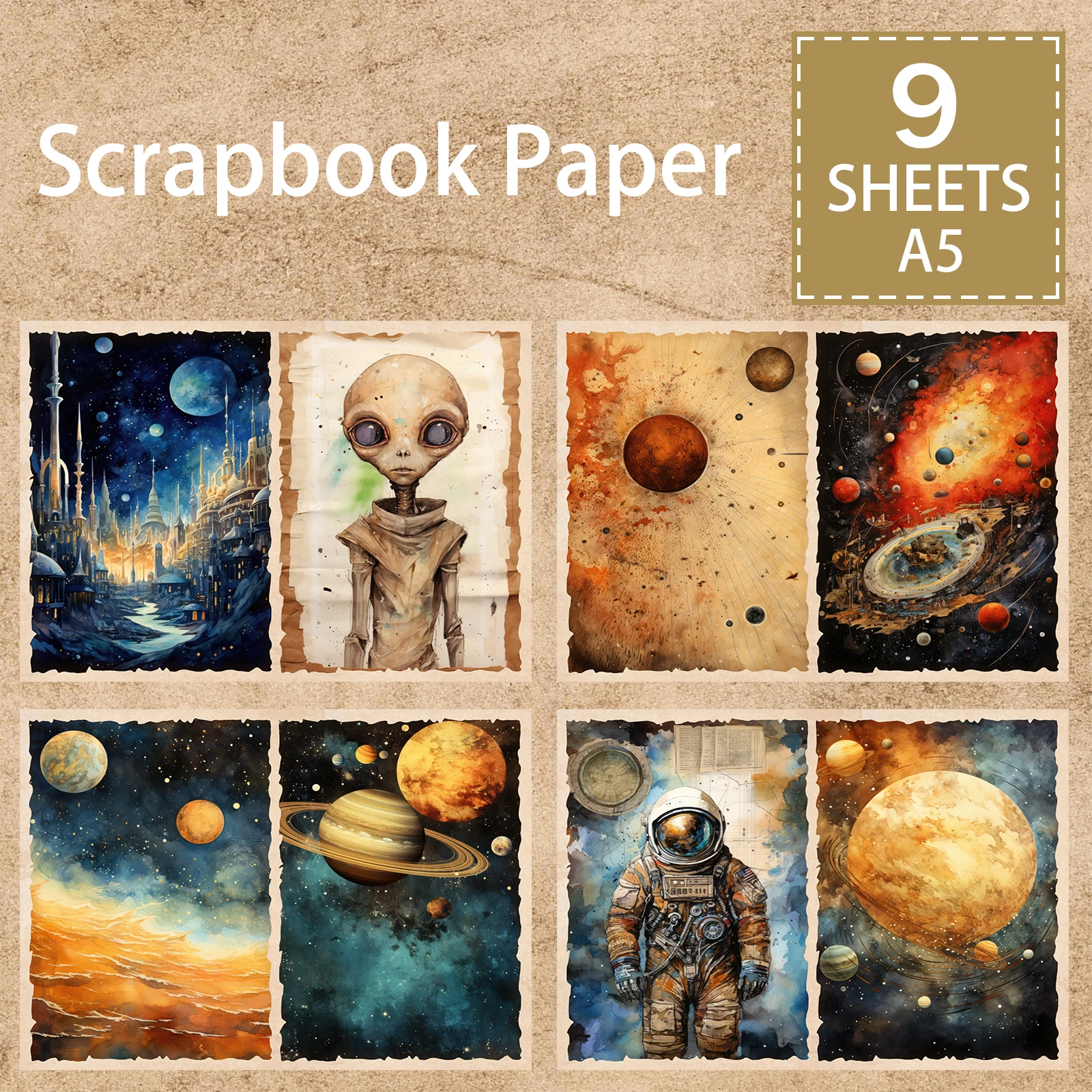 9 Sheets A5 Size Cute Alien Astronaut Background Vintage Grunge Journal Planning Scrapbooking
