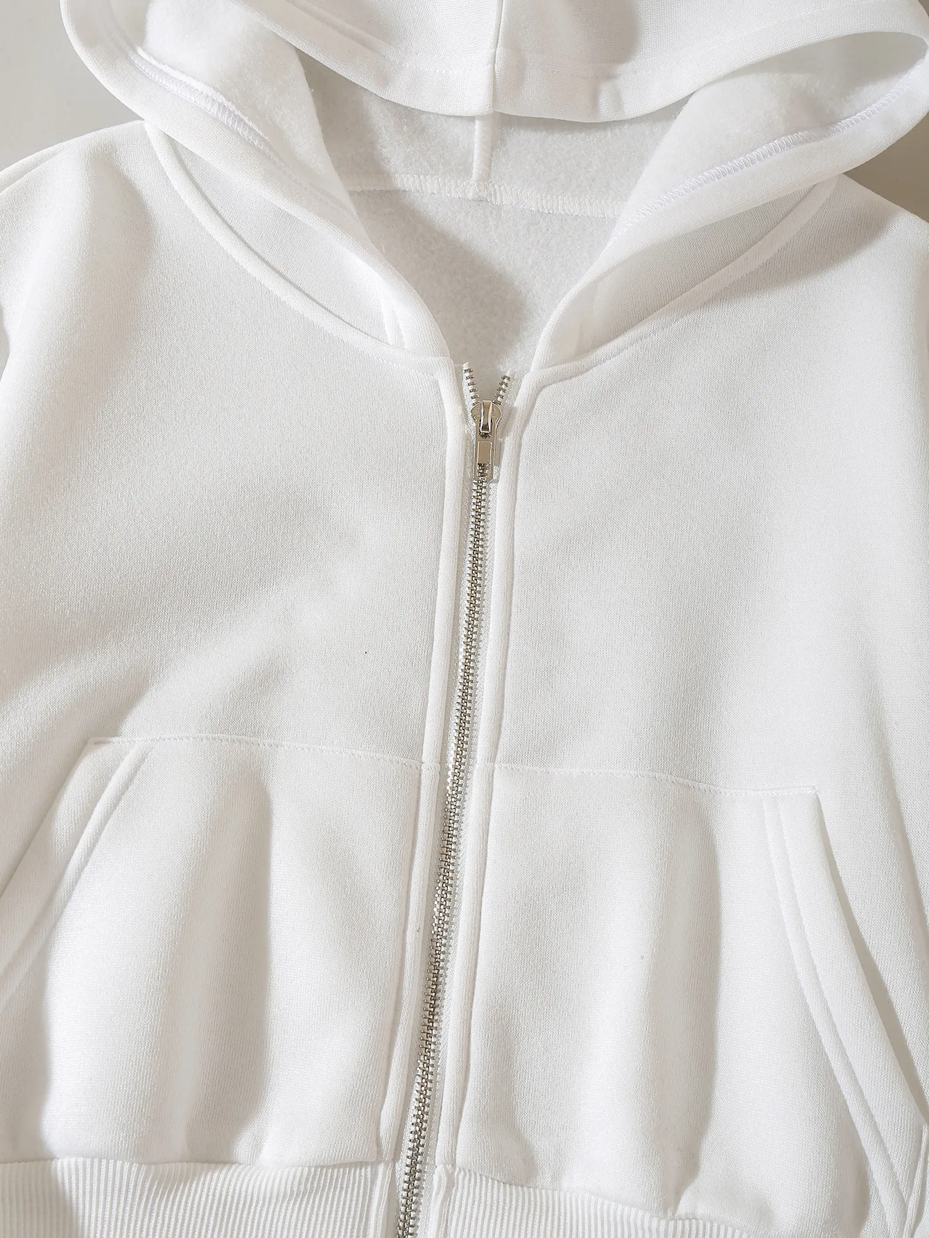 Sudadera Corta Blanca con Cierre, Hombros Caídos, Manga Larga, Bolsillo, para Otoño, Regreso a Clases y Uso Casual