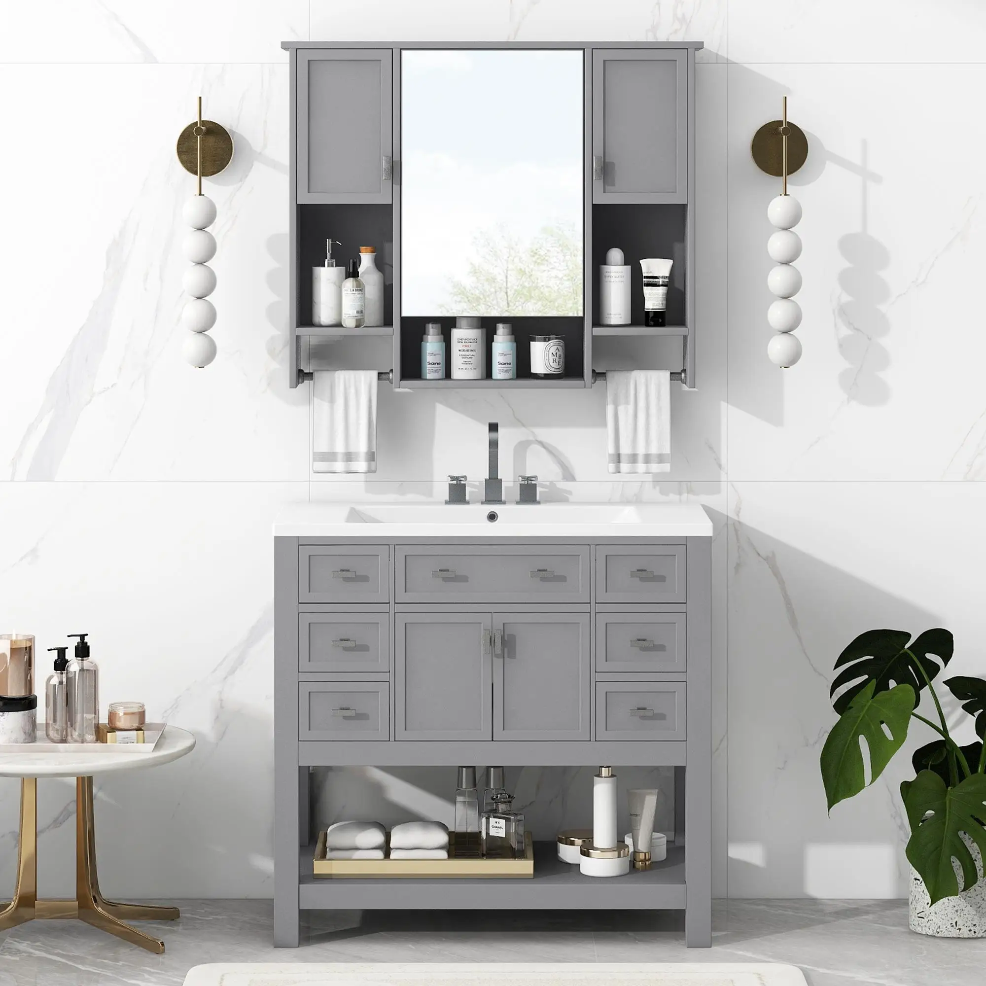 36'' Modern Bathroom Vanity with Top Sink, Mirror Cabinet, Towels Bar, 2 Soft Close Doors & 6 Drawers