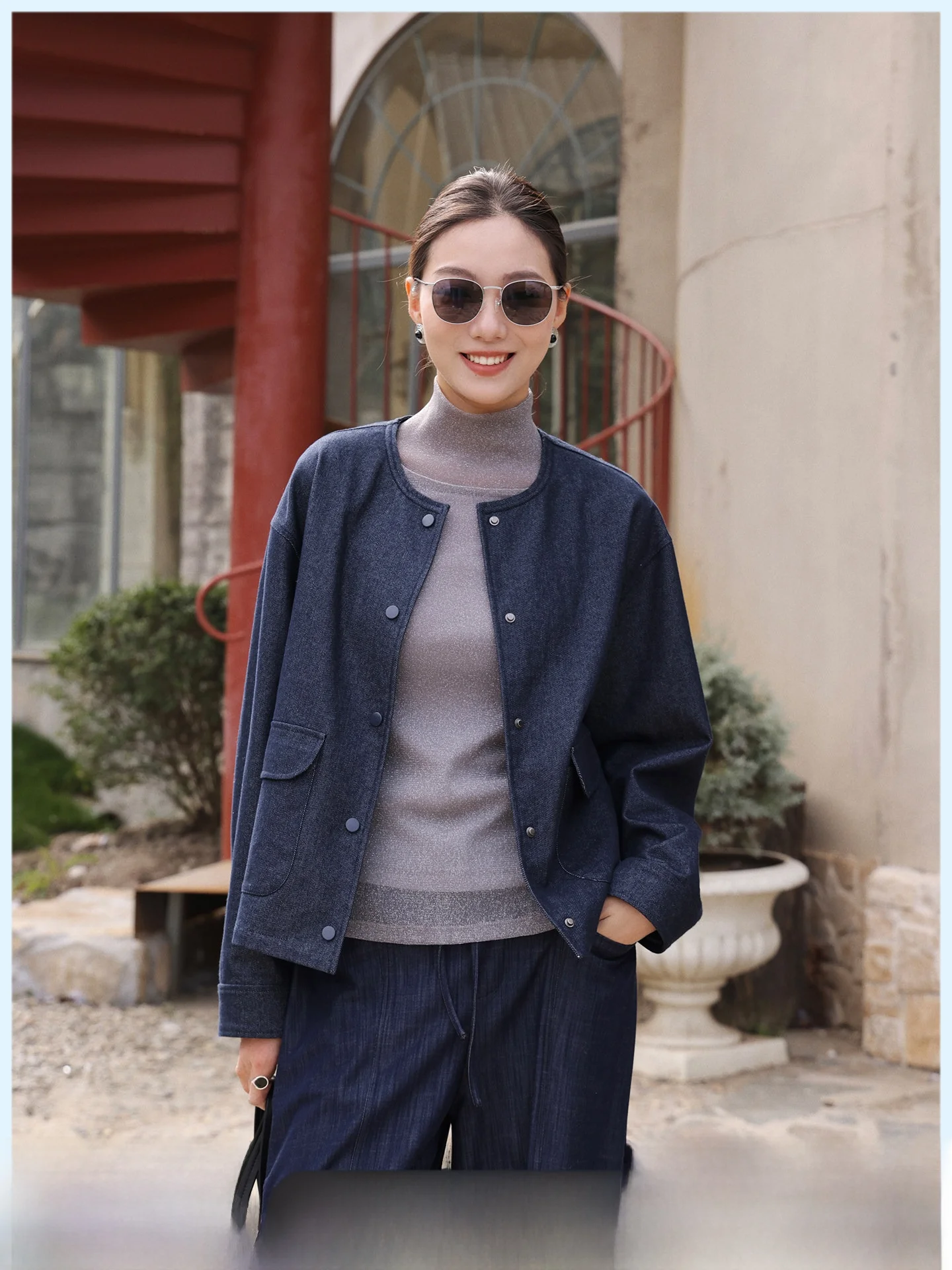 

Spring 2026 Women's Loose Fit round Ne Jaet Coat Blue Commute Simple Design Cotton Polyester Blend Retro Sle ort Oute...