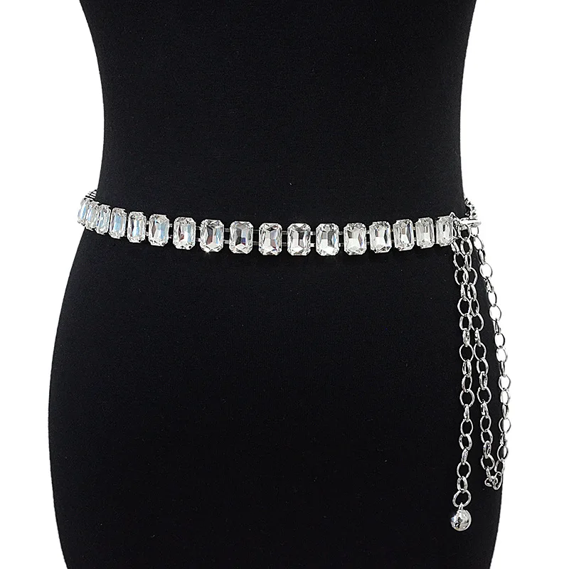 

Glamorous Women's Waist Belt Shiny Decorative GImitation Emstones Solid Color Crystal Embedded Metal Chain Waist Jewelry